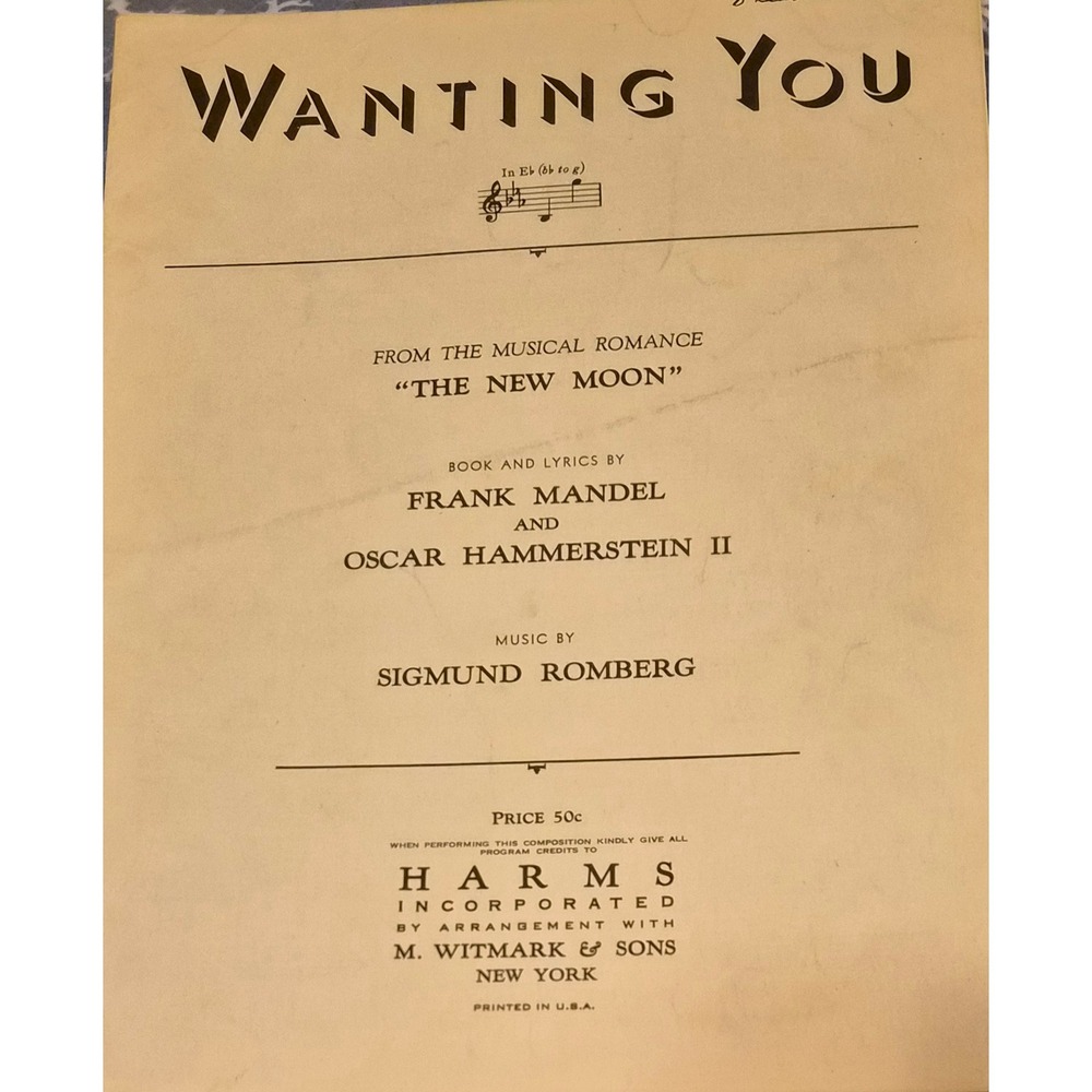 Wanting You 1928 Sheet Music from The New Moon by Oscar Hammerstein II Romberg